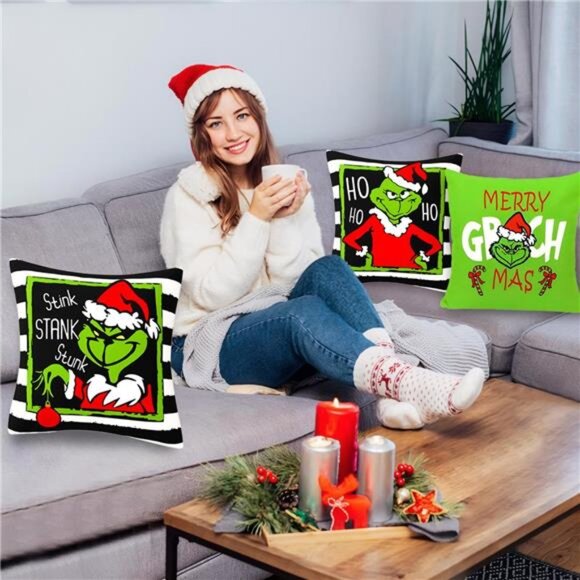 Set of 4 Merry Grin-chmas Pillow Covers, 18x18‎ Farmhouse Christmas Home Decor - Picture 4 of 7